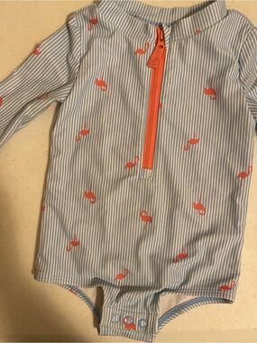 Carter's Blue & White Stripe Rashguard One-Piece with Coral Flamingos